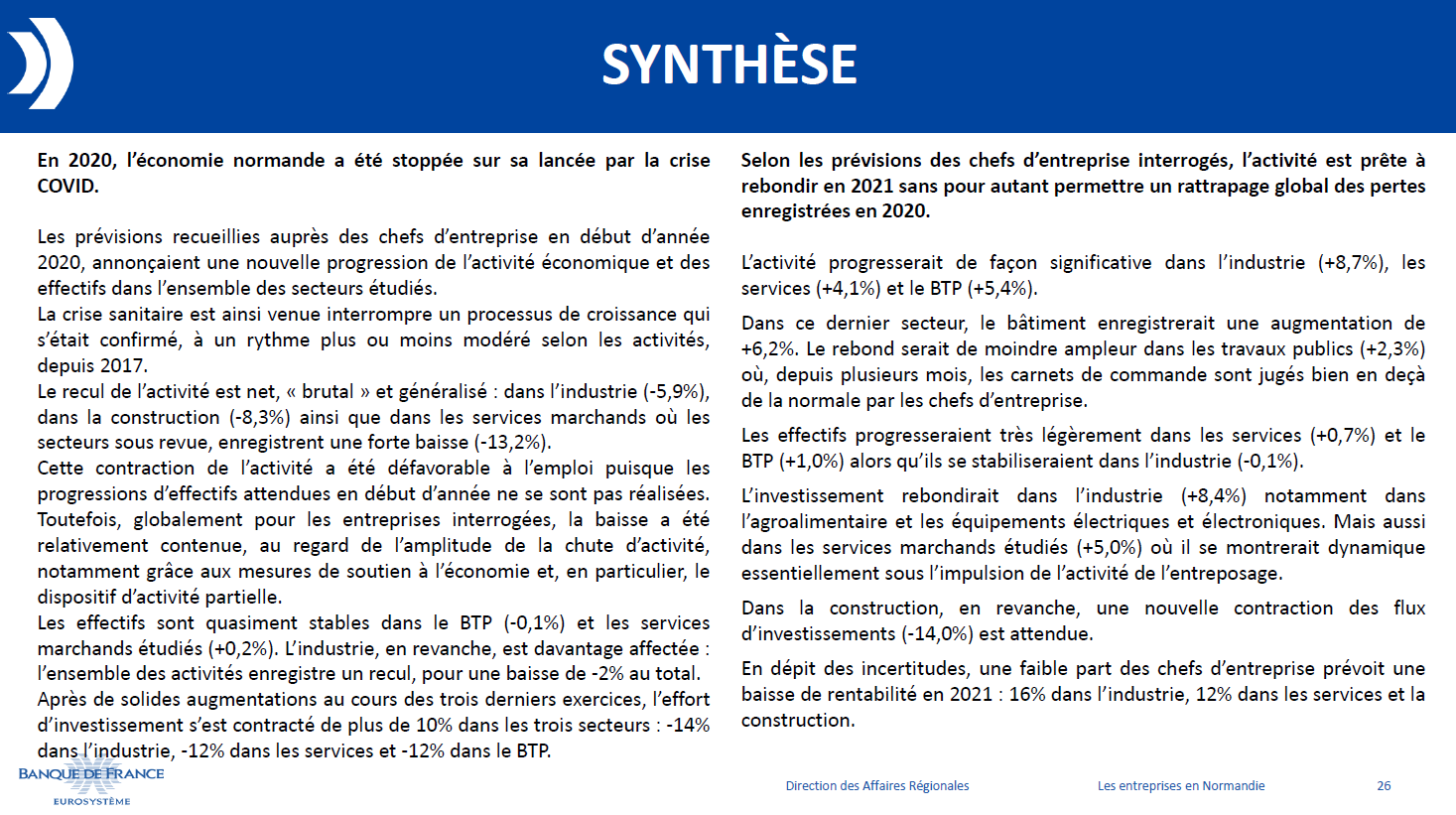 synthèse banque de France conjoncture Normandie 2020 et 2021