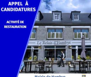Appel à candidatures activité de restauration mairie de Hambye avec photo d'un restaurant, le relais d'hambye